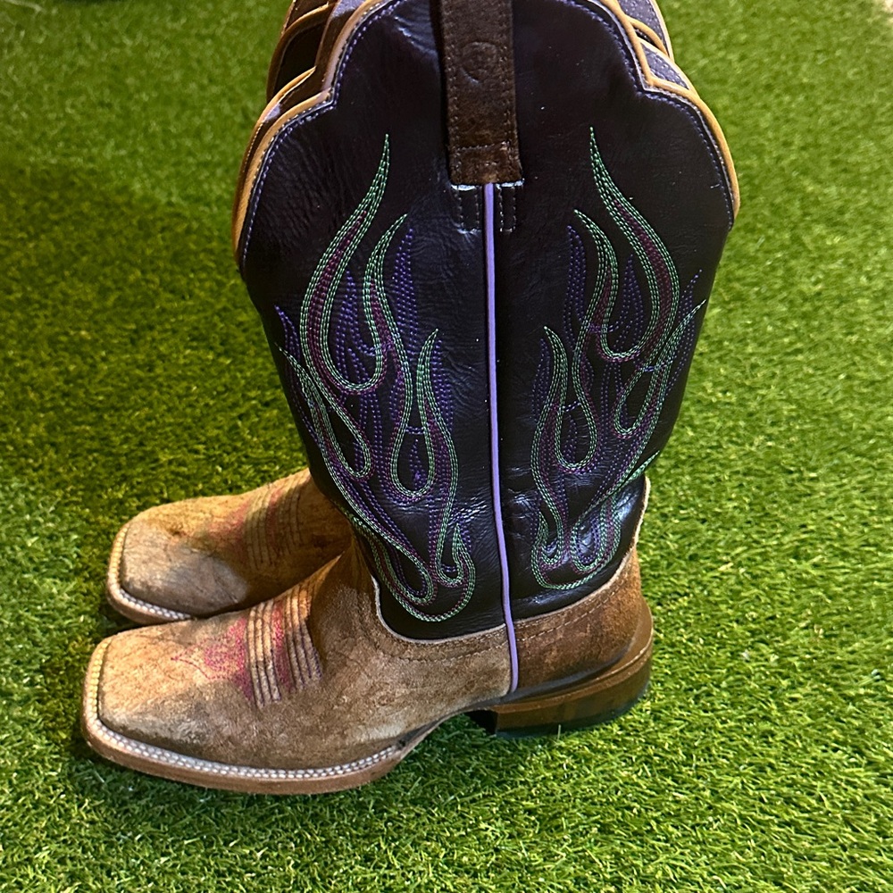 Women’s Ariat Brown Purple Black Western Boots with Green Embroidery